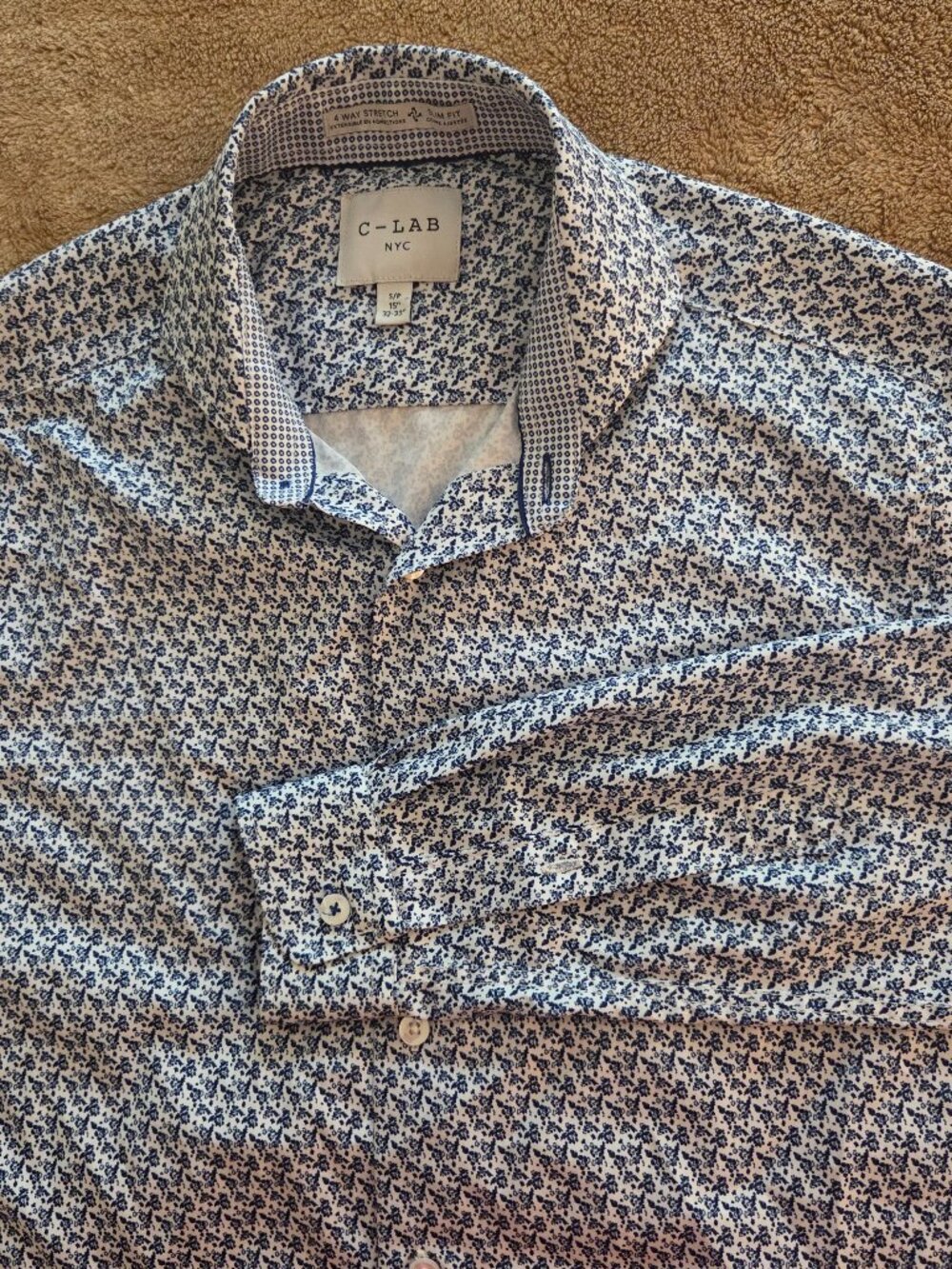 C-LAB NYC Mens S Slim Dress Shirt 15 32/33 Cutaway Collar Blue Floral Stretch